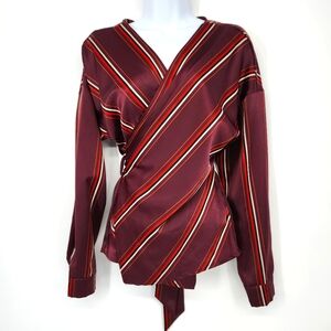 Ella Womens‎ Wrap Blouse Top Size S Oxblood Red Stripe Satin 70s Retro Unique